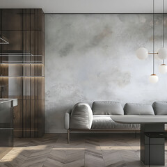 Aesthetic elegant minimalist modern interior design. Clear mock up empty wall for decoration in the apartment. Copy space in the room. Neutral palette of natural colors.