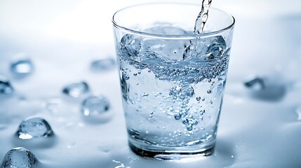 25. A clean and refreshing glass of water with a slight shimmer on its surface, placed on a white background