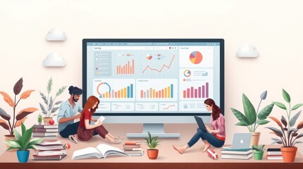 A digital workspace with people analyzing data and charts on a large screen.