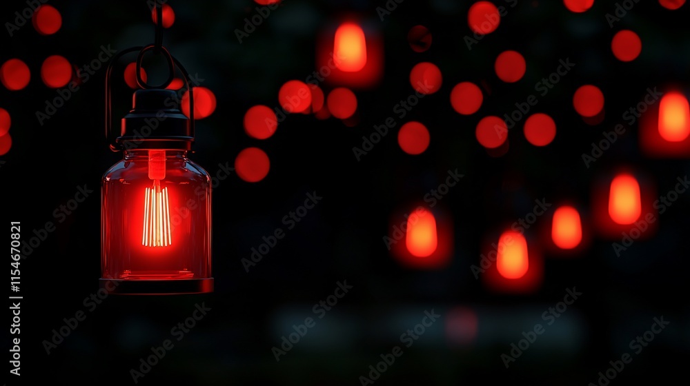 Poster glowing red lantern with bokeh lights.