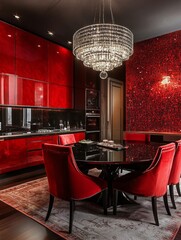 Elegant Red Kitchen Dining Area With Crystal Chandelier