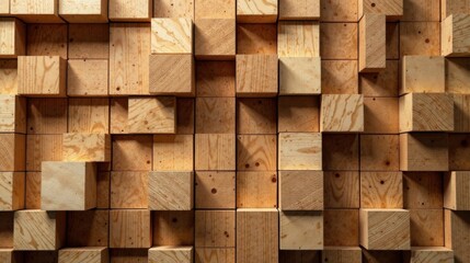 A Textured Arrangement of Interlocking Light Brown Wooden Cubes Creating a Geometric Pattern