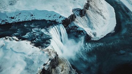 Majestic waterfall cascading over snow-covered cliffs in winter landscape. 