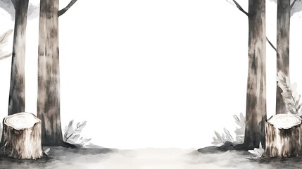 Watercolor forest scene with tree trunks and stumps, blank space in center.