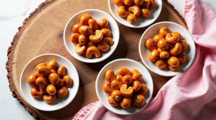 Sweet Candied Nuts Arranged on Wooden Platter with Pink Cloth