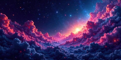 A Celestial Seascape of Vivid Pink and Purple Clouds Illuminated by a Radiant Sunrise and Starry Night Sky