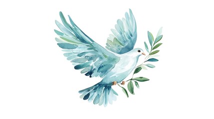 Obraz premium Watercolor painting of a blue dove carrying an olive branch.