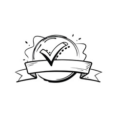  Checkmark symbol on a glossy badge Hand drawn Doodle line art flat vector illustration on white background