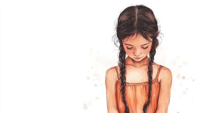Pensieve Young Girl Watercolor Portrait: A Tender Moment of Peaceful Contemplation
