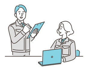 Male and female workers in work uniforms meeting for work [Vector illustration]