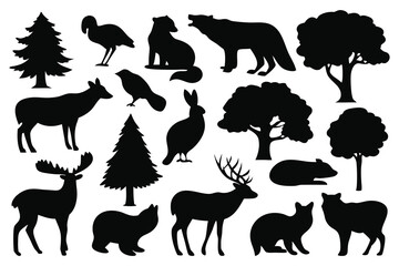 Forest or wild silhouettes set isolated flat vector illustration on white background