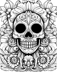 A skull with flowers and leaves surrounding it. The skull is smiling and has a flower on its nose