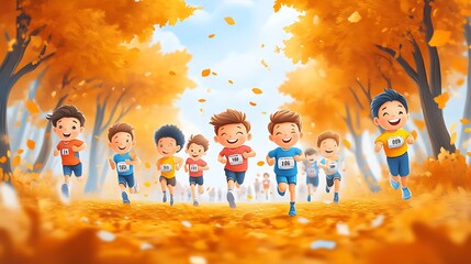 Happy children race through autumn leaves.