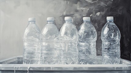 2. Several used plastic water bottles placed in a recycling bin, with a focus on their clear material against a neutral backdrop