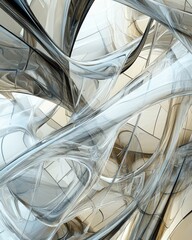 Abstract 3D rendering of swirling, translucent forms in shades of grey and beige, creating a complex, interwoven structure.