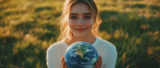 Young woman on natural green grass holding earth symbol icon, representing sustainability and conservation for renewable energy and environmental protection