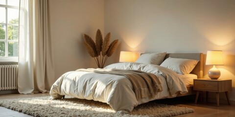 Serene bedroom interior design with a cozy bed, soft lighting, and a fluffy rug