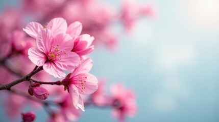 Delicate Pink Blossoms on Branch Against Soft Blue Sky Background, Springtime Floral Beauty