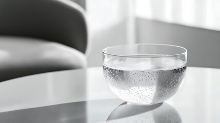 20. A gray-colored glass of water with small particles suspended inside, resting on a polished white table