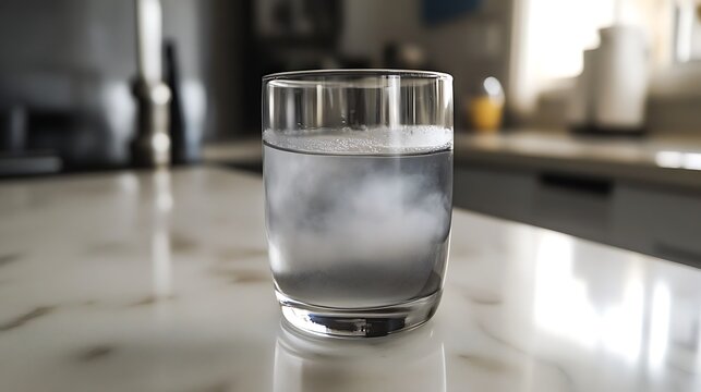 21. A glass of cloudy gray water with a few visible bubbles, placed on a light-colored countertop
