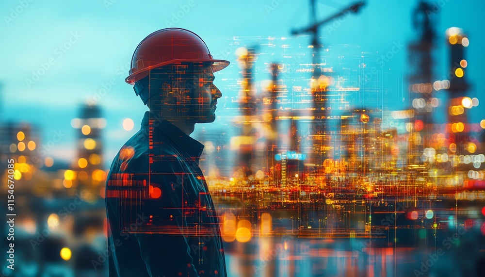 Aufkleber engineer in helmet at a construction site, looking at work with a glowing double exposure light effe