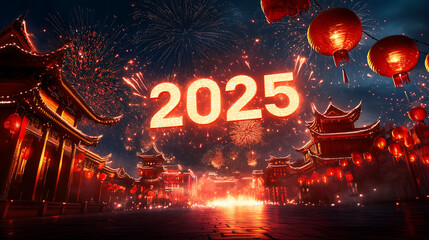 Fireworks and Festivities Photograph of Chinese New Year 2025 Celebration with Lanterns, Fireworks, and Traditional Architecture at Night 