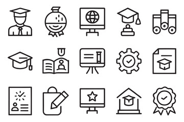  Education, career related editable stroke outline icons set isolated flat vector illustration on white background.