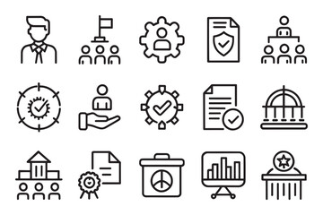 Governance, management, gov related editable stroke outline icons set isolated flat vector illustration on white background.