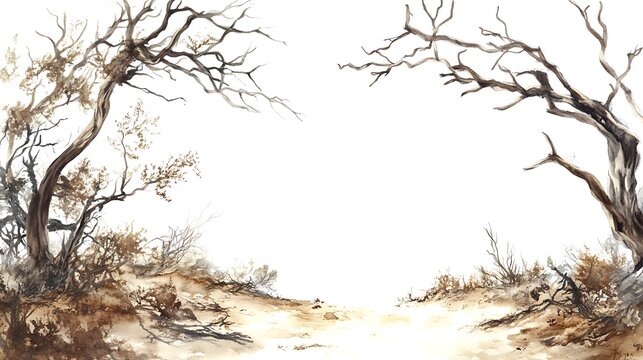 Watercolor painting of barren trees and dry landscape.