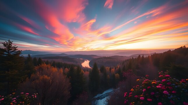 Spring Forest Mountain River in Sunset