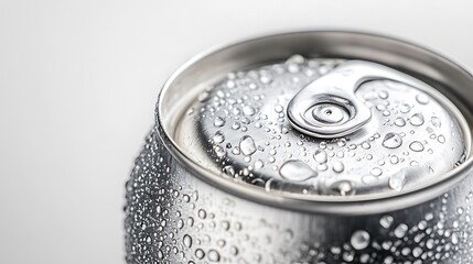 5. A silver beverage can with condensation on the outside, set against a minimalist white background