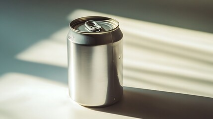 24. A silver beverage can with a minimalistic design, placed on a clean white surface under soft lighting