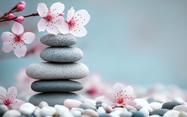 Zen stones stacked in balance with gray and white pebbles, pink cherry blossoms, and a serene light blue background, ideal for wellness and spa treatment themes
