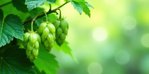 Lush Green Hop Bines with Vibrant Cones Hanging on a Branch, Nature's Bounty, Fresh and Ready for Harvest