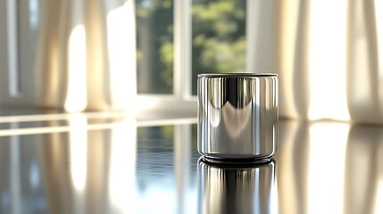 19. A shiny silver can with a clean, modern look, resting on a polished surface with subtle reflections