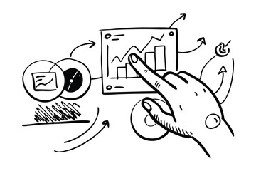 Fototapeta premium Market trends and analysis Hand drawn Doodle line art flat vector illustration on white background.