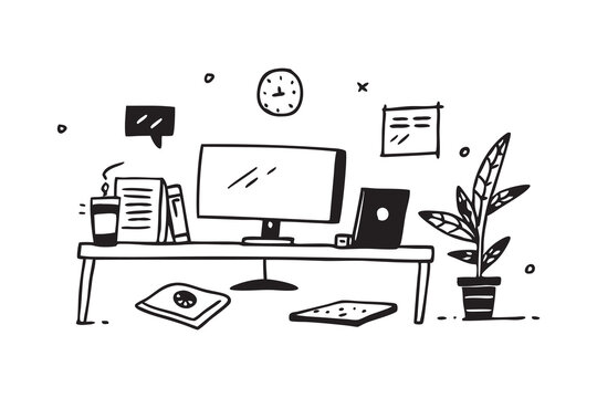 black and white desk workspace doodle clip art preview