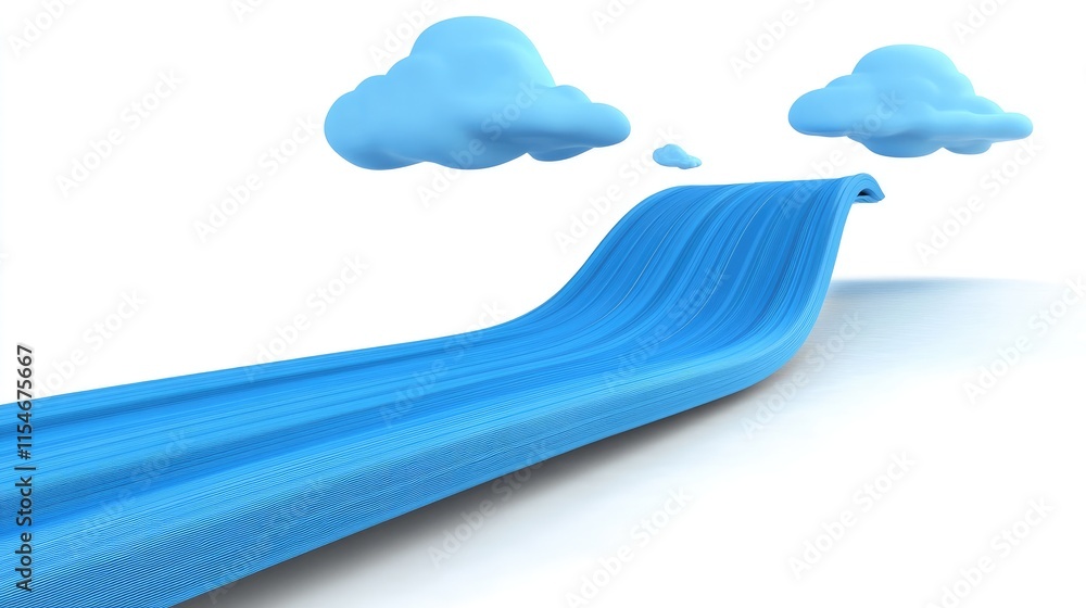 Poster a stylized blue wave-like structure with clouds above, evoking a sense of fluidity and motion.