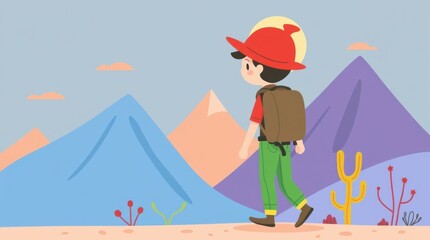 Obraz premium A child with a backpack walks through a colorful mountainous landscape.