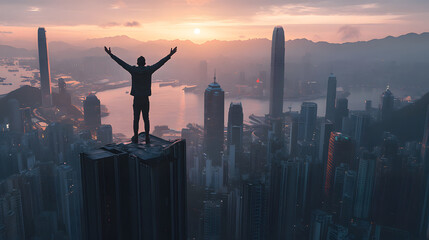 Man on Highrise Building Overlooking City at Sunrise