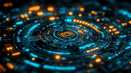 Futuristic digital chip in glowing circuit.