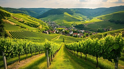 Obraz premium Aerial View of Lush Green Vineyards Stretching Across the Landscape