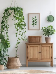 Wooden Cabinet Decorated With Plants and Baskets