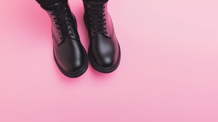 Stylish Black Combat Boots on Vibrant Pink Background