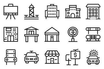  Public infrastructure. City elements related editable stroke outline icons set isolated flat vector illustration on white background