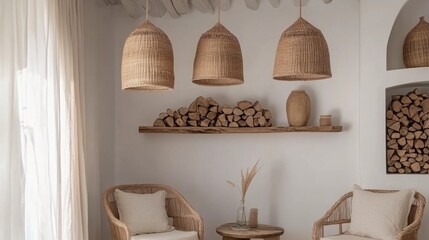 Three woven pendant lights hang above a rustic wooden shelf with firewood, two wicker armchairs, and a small table in a minimalist room.