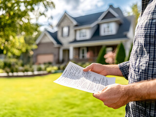 Naklejka premium Man Reviewing Document in Front of Suburban Home