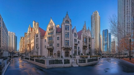 Obraz premium Morning Scene of a Central Chicago Hotel with Urban Landscape