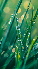 Dew-Kissed Morning: Capturing the Serene Beauty of Glowing Dew Drops on Vibrant Green Grass at Daybreak