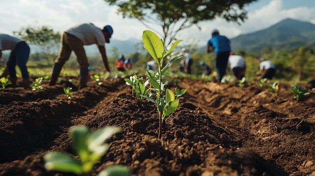 20. A wide shot of a team of people planting trees in a reforestation area, with multiple saplings being placed in the earth